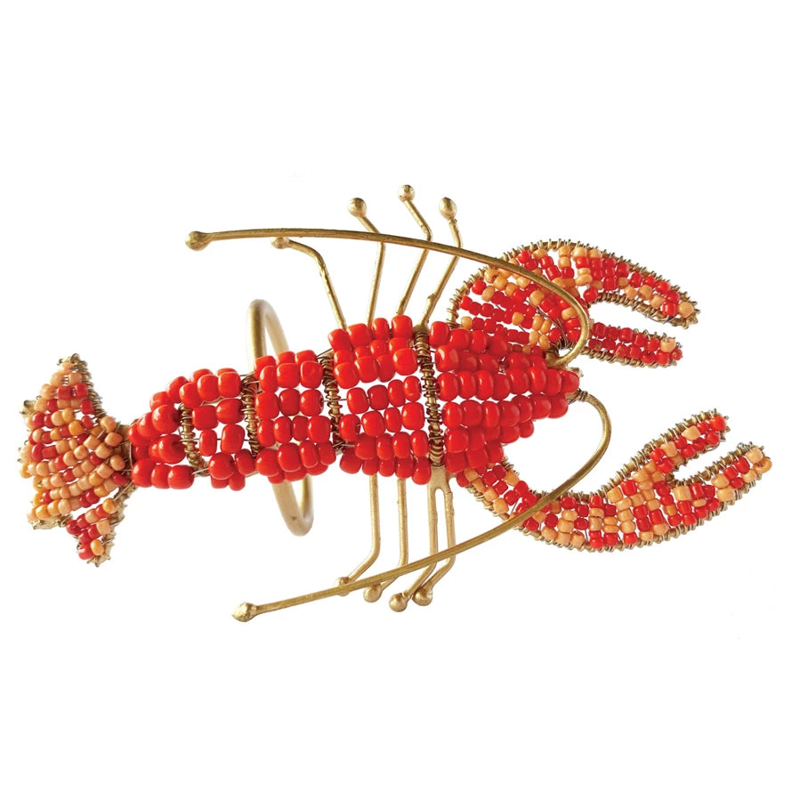 Metal Lobster Napkin Rings w/ Glass Beads, Gold Finish & Red, Set of 4
